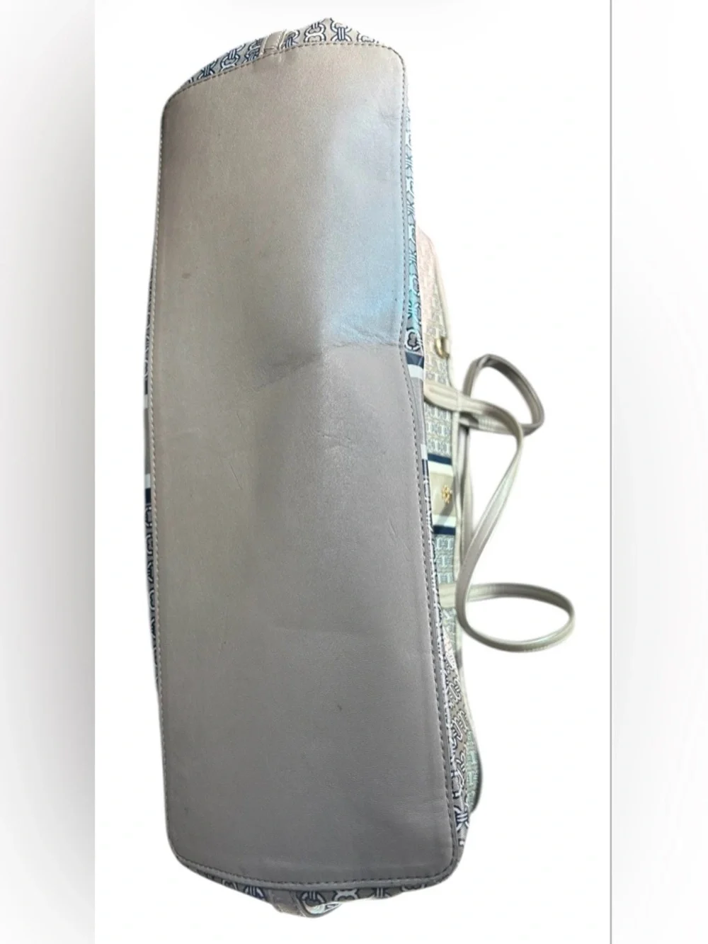 Tory Burch Taupe and Navy Monogram Stripe Tote - Picture 7 of 7